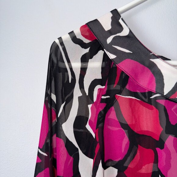 NWT Worthington Womens Large Sheer Floral Blouse Pink Red Black White - Picture 2 of 9